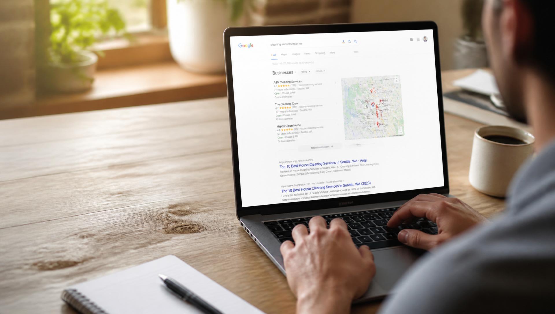 Person searching Google for cleaning services near me on a laptop