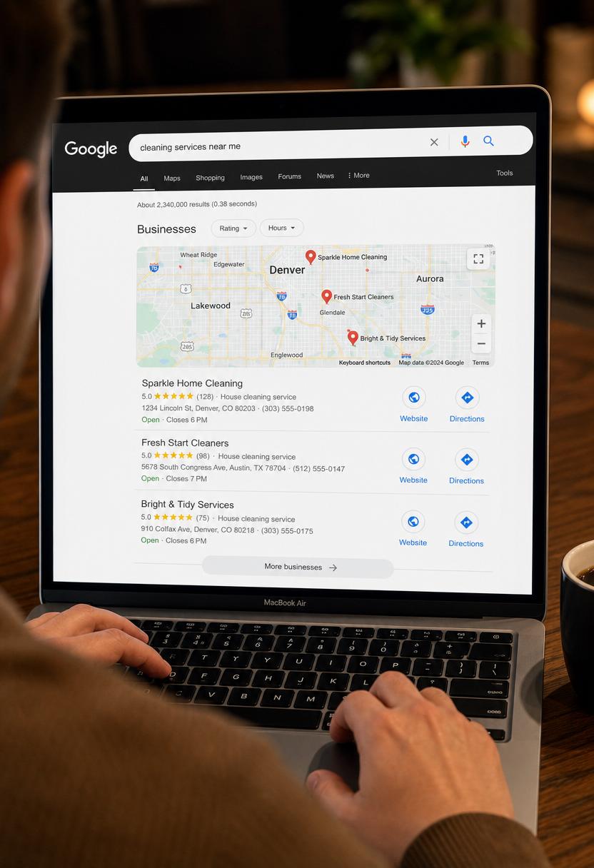 Person searching Google for cleaning services near me on a laptop