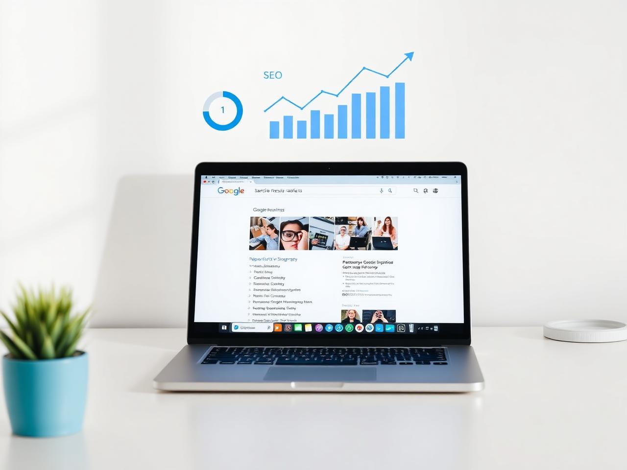Laptop showing Google search rankings with rising SEO performance charts